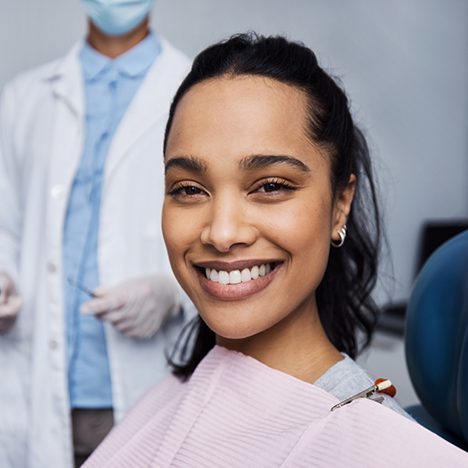 Close-up of female dental patient smiling after BioClear in Lancaster