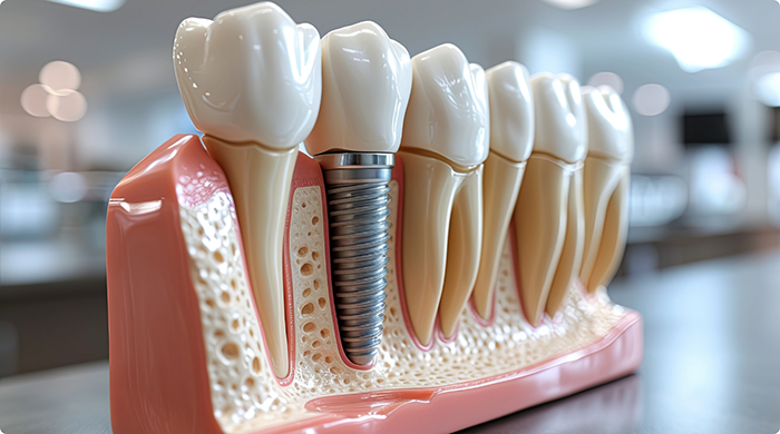 Close-up of model of dental implant in Lancaster