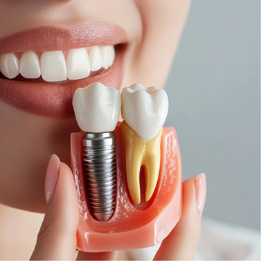 Model of dental implant held by mouth