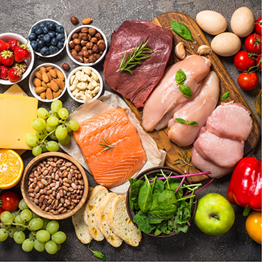 Fish, grapes, bread, and other healthy foods
