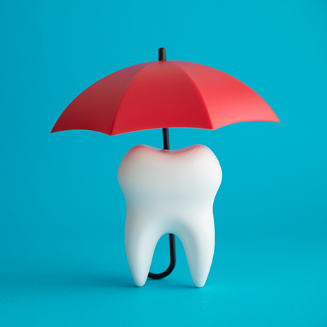 Model tooth with a tiny umbrella