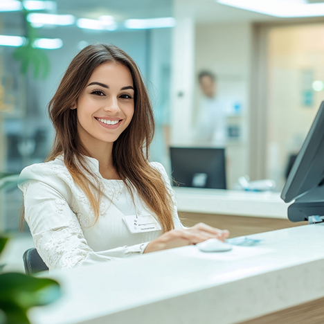 Smiling woman sitting at front desk of dental office