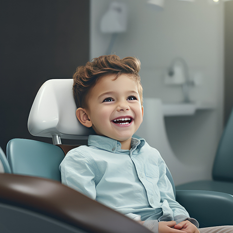 Little boy sitting in dental chair and smiling