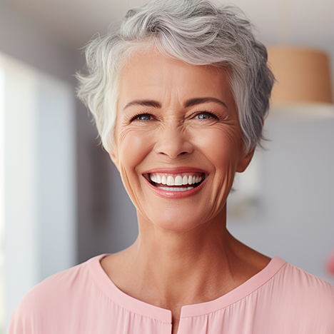 Female dental patient in pink shirt smiling