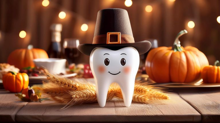 An AI tooth wearing a pilgrim hat.